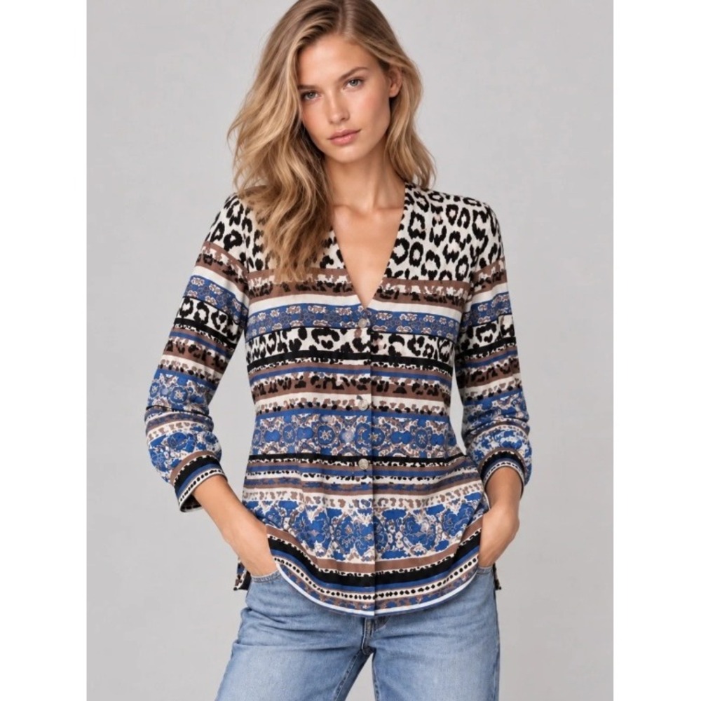 New Chicos Cardigan Sweater Animal Fair Isle Print Tortise Shell Career 2/L/12